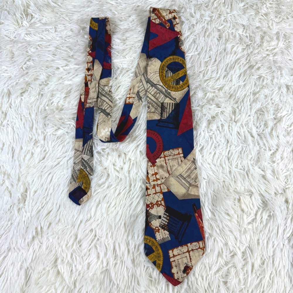 Vintage Structure Mens Silk Neck Tie Blue Blueprint Architecture Engineer Print